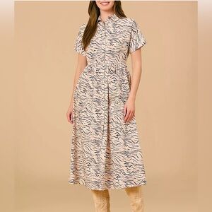 Olivia by Livro Tiger‎ Stripe Cotton Button Front Midi Dress Tan Black XS